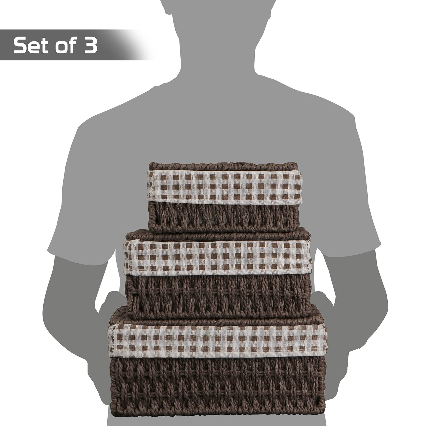 Environmental Friendly Paper Rope Wicker Storage Baskets with lid, Set of 3, Brown