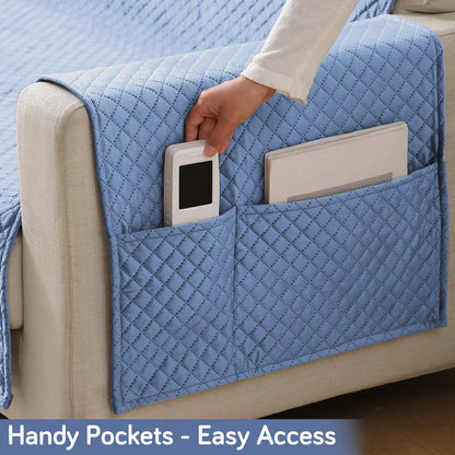 Quilted Velvet Sofa Cover Mat with Side Pockets, Pet Friendly, Placid Blue