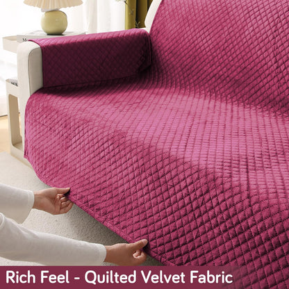 Quilted Velvet Sofa Cover Mat with Side Pockets, Pet Friendly, Wine