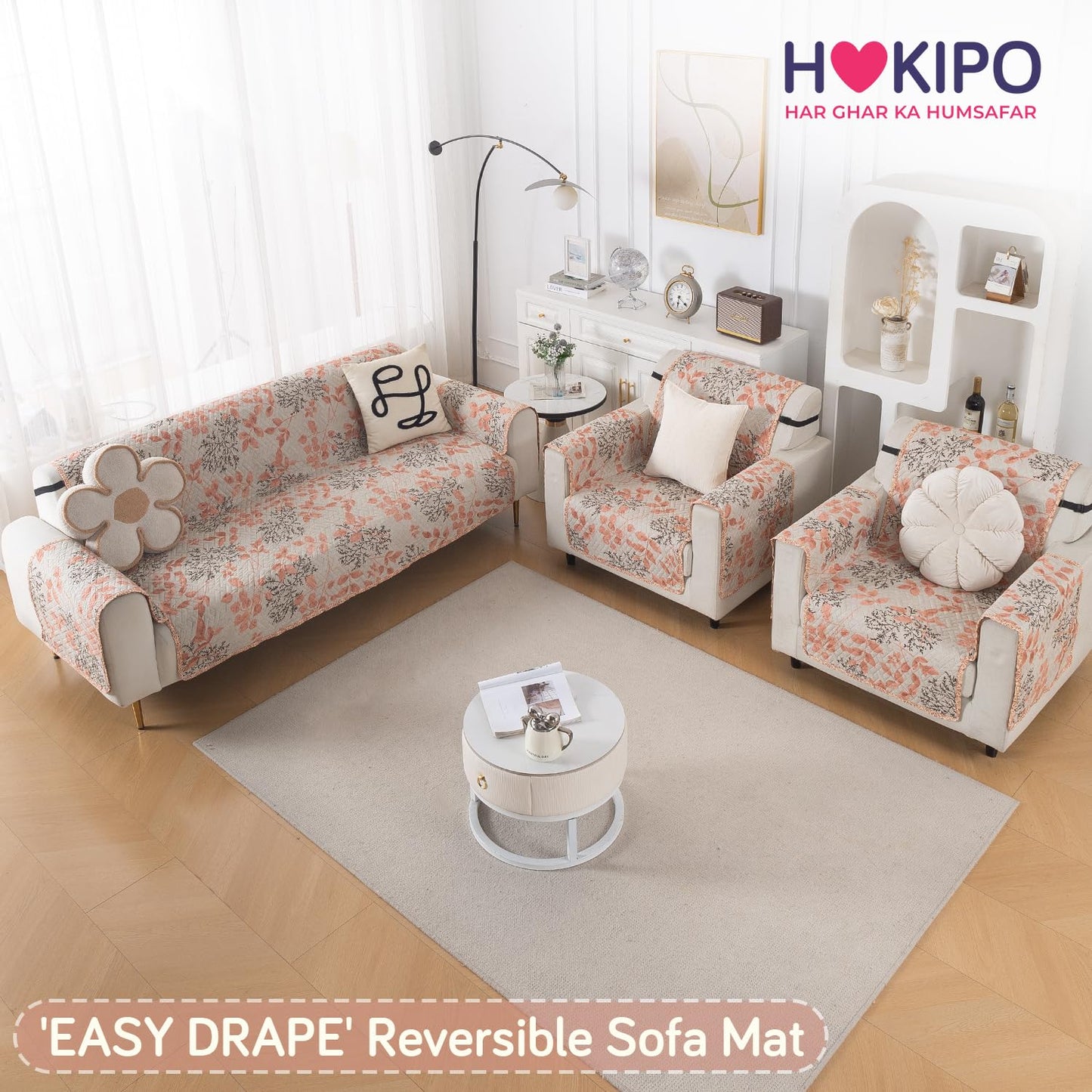 Easy Drape Reversible Quilted 5-Seater Sofa Cover (3+1+1), Peach Leaves