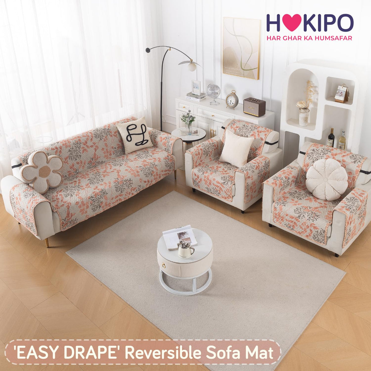 Easy Drape Reversible Quilted 5-Seater Sofa Cover (3+1+1), Peach Leaves