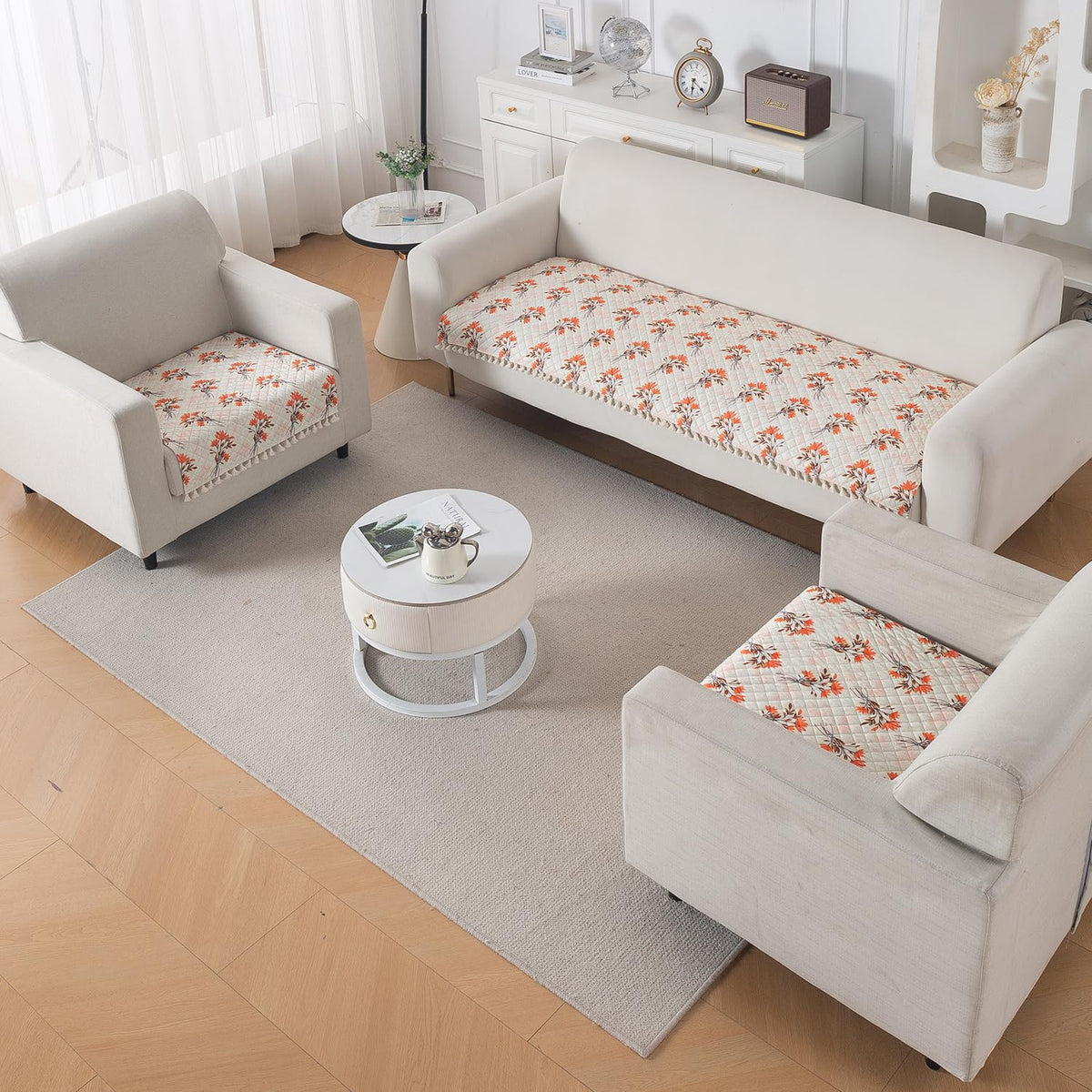 Quilted Sofa Seat Mat for 5-Seater Sofa (3+1+1), Tassel Twigs | Autumn Blossom