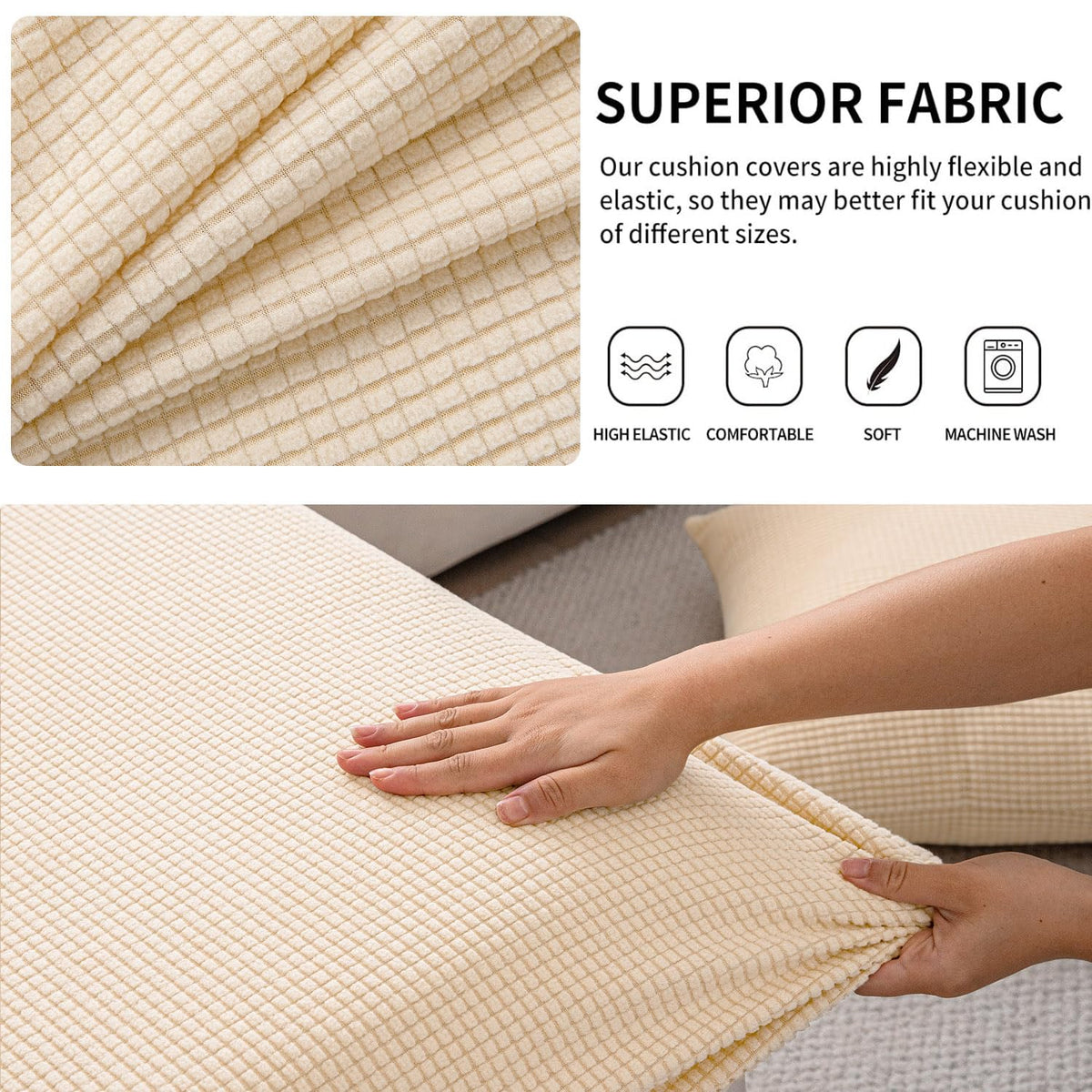 Stretchable Thick Jacquard Textured Seat Cushion Cover for 1/2/3 Seaters / Pieces for Sofa, Beige