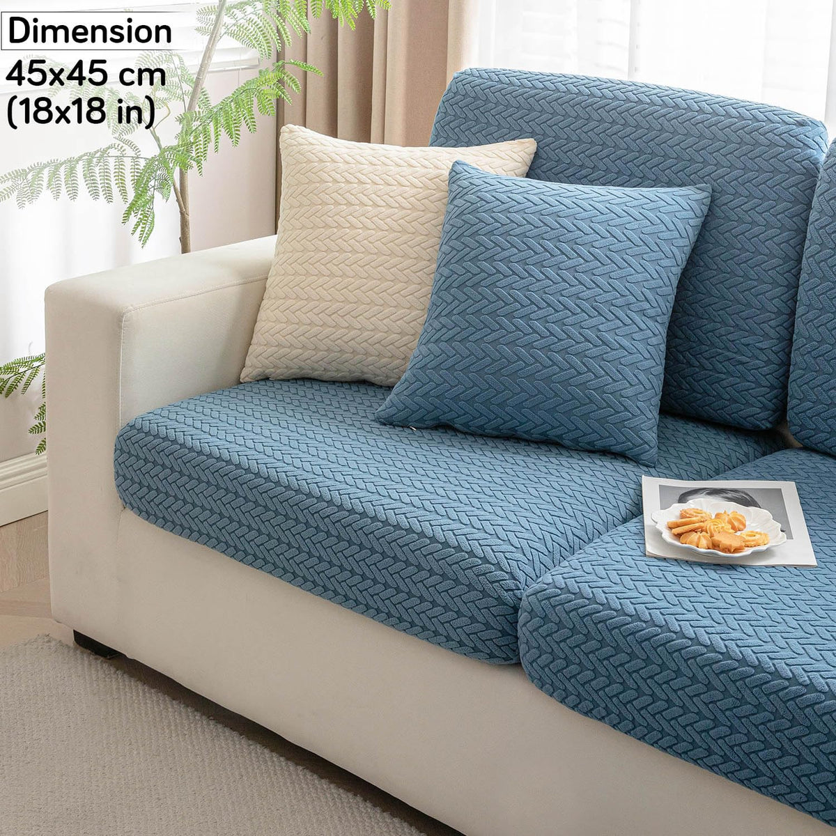 Dark Blue Colour Grid Texture Jacquard Sofa Cushion Cover