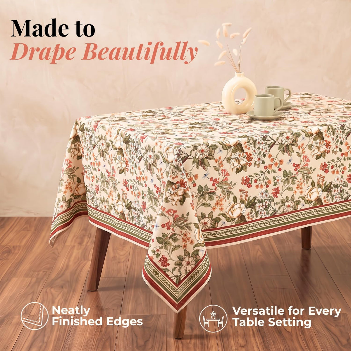HOKIPO Autumn Floral 6 Seater Table Cloth, Beige - image 4
