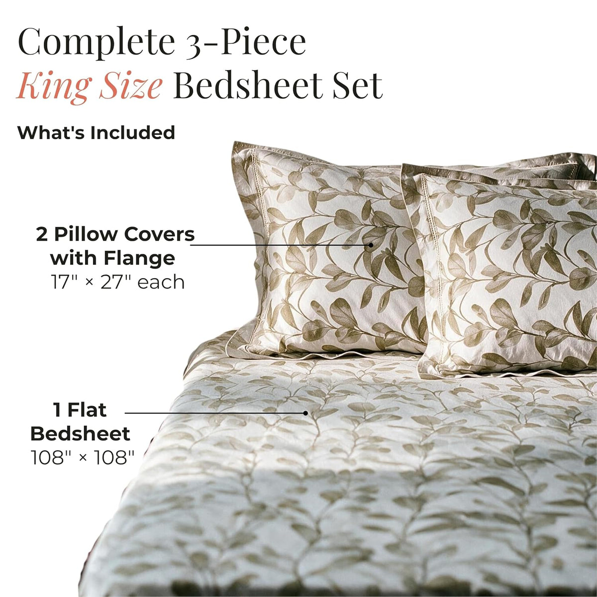 HOKIPO Botanical 180 TC Cotton Percale Flat Bedsheet, King Size, Seaweed - image 5