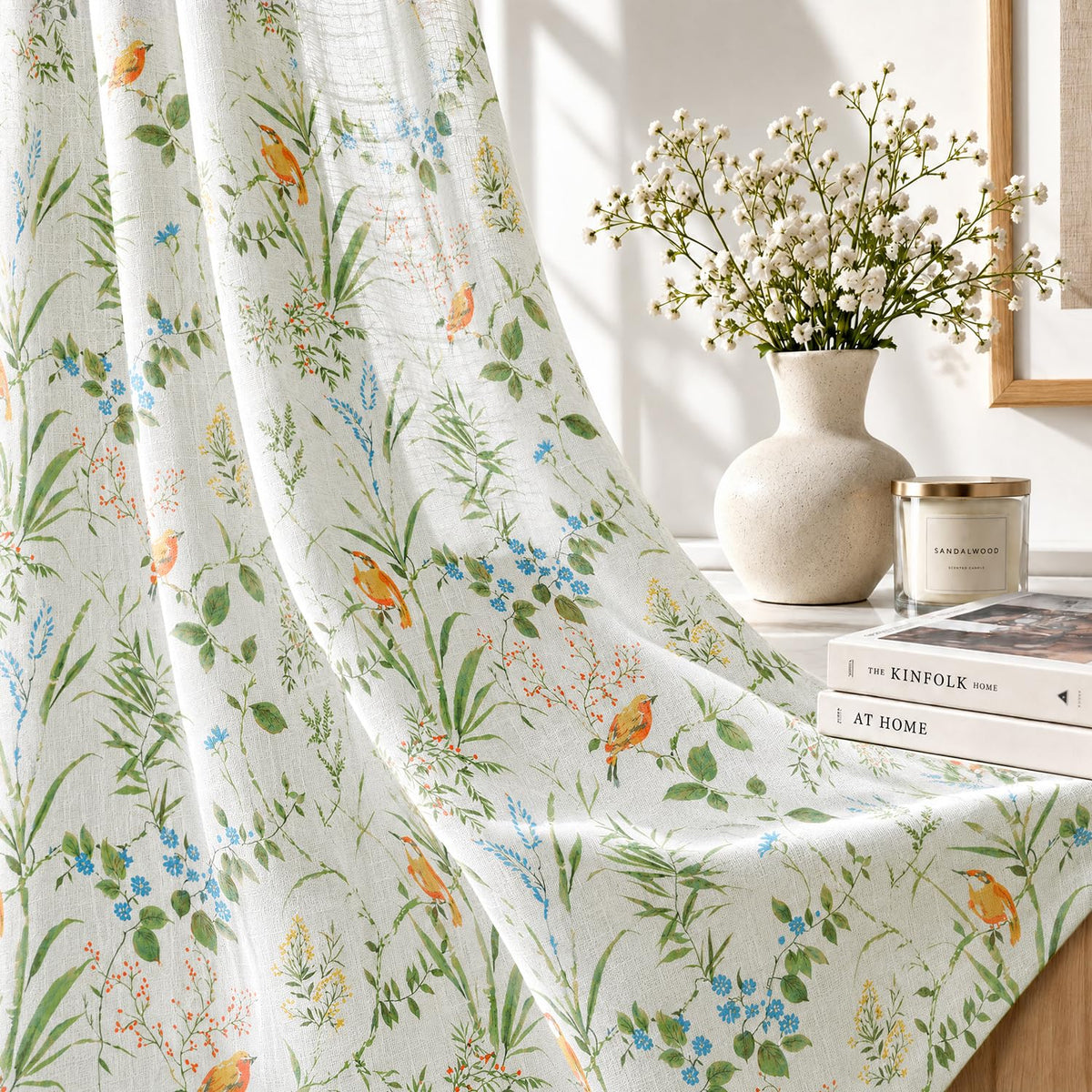 HOKIPO Petals & Poetry Sheer Curtains, 7 Feet Long - Songbird Garden