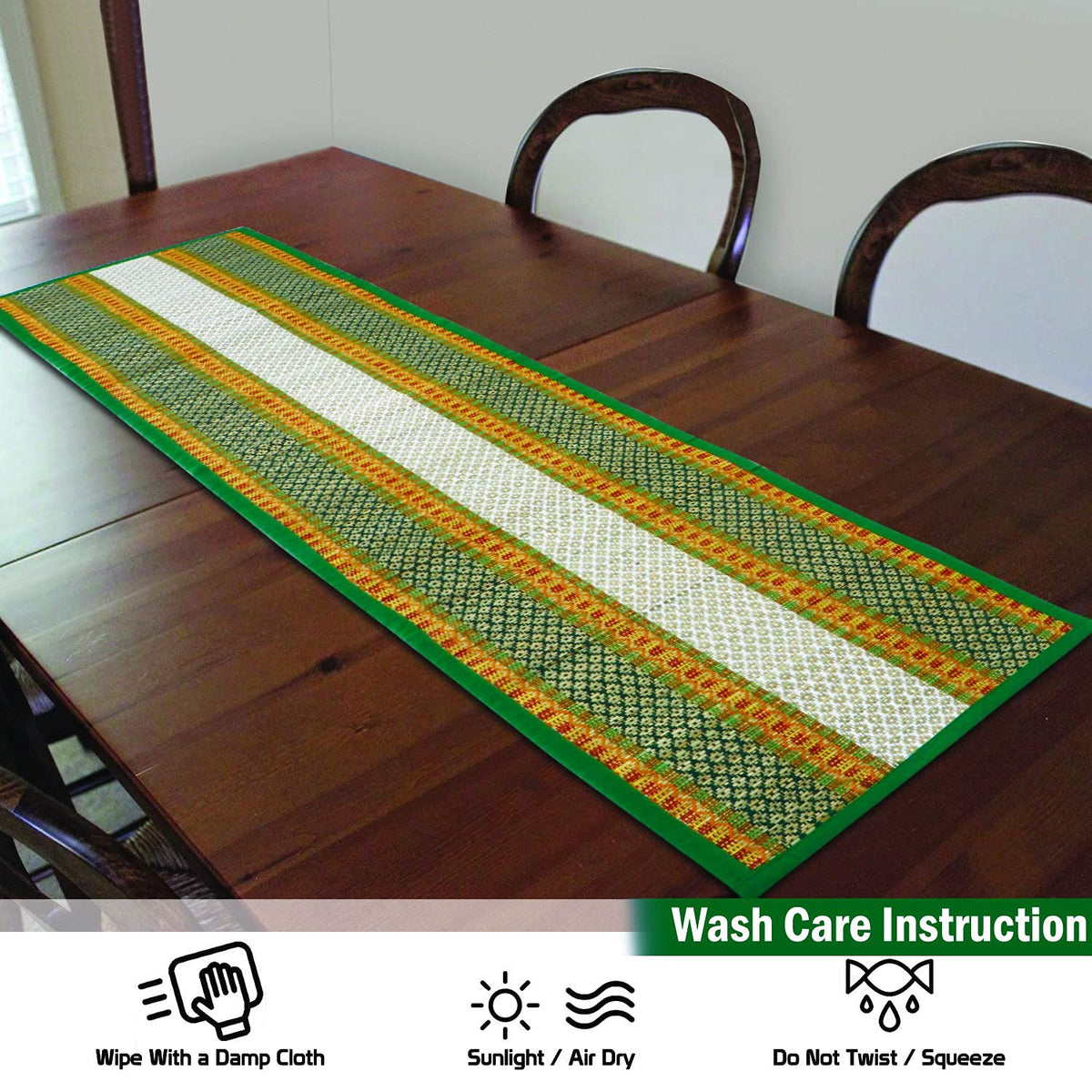 Buy Green Colour Natural Handmade Madurkathi Table Runners for Easy To Clean By Simply Wipe Clean With A damp Cloth. Air or Sun Dry Before Storing | HOKIPO