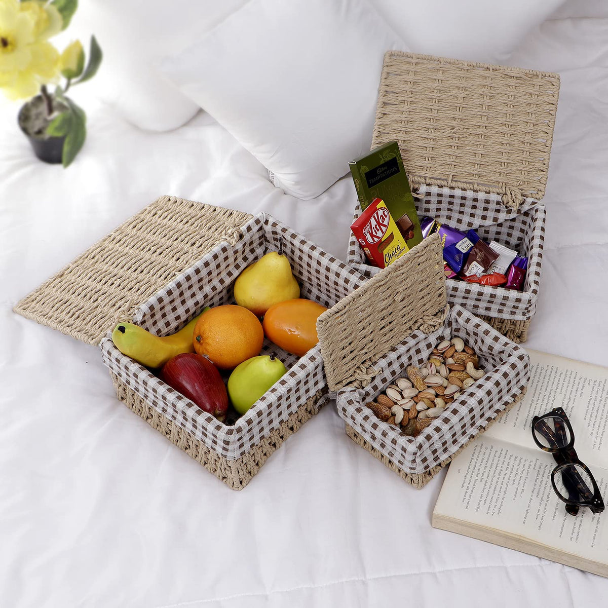Environmental Friendly Paper Rope Wicker Storage Baskets with lid, Pack of 3, Beige