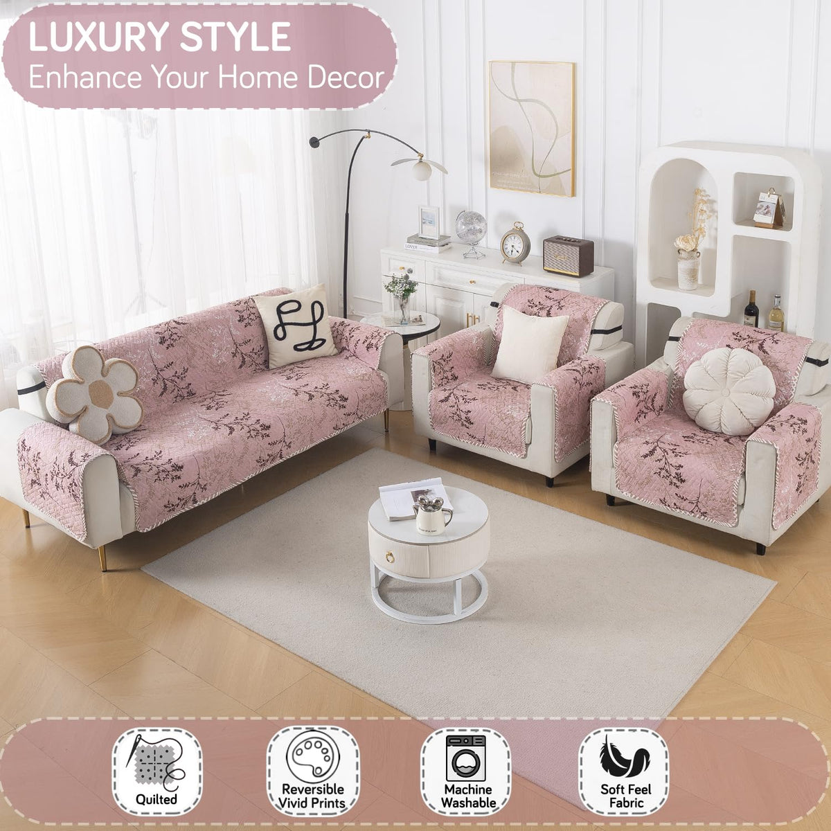 Easy Drape Reversible Quilted 5-Seater Sofa Cover (3+1+1), Blush Branch