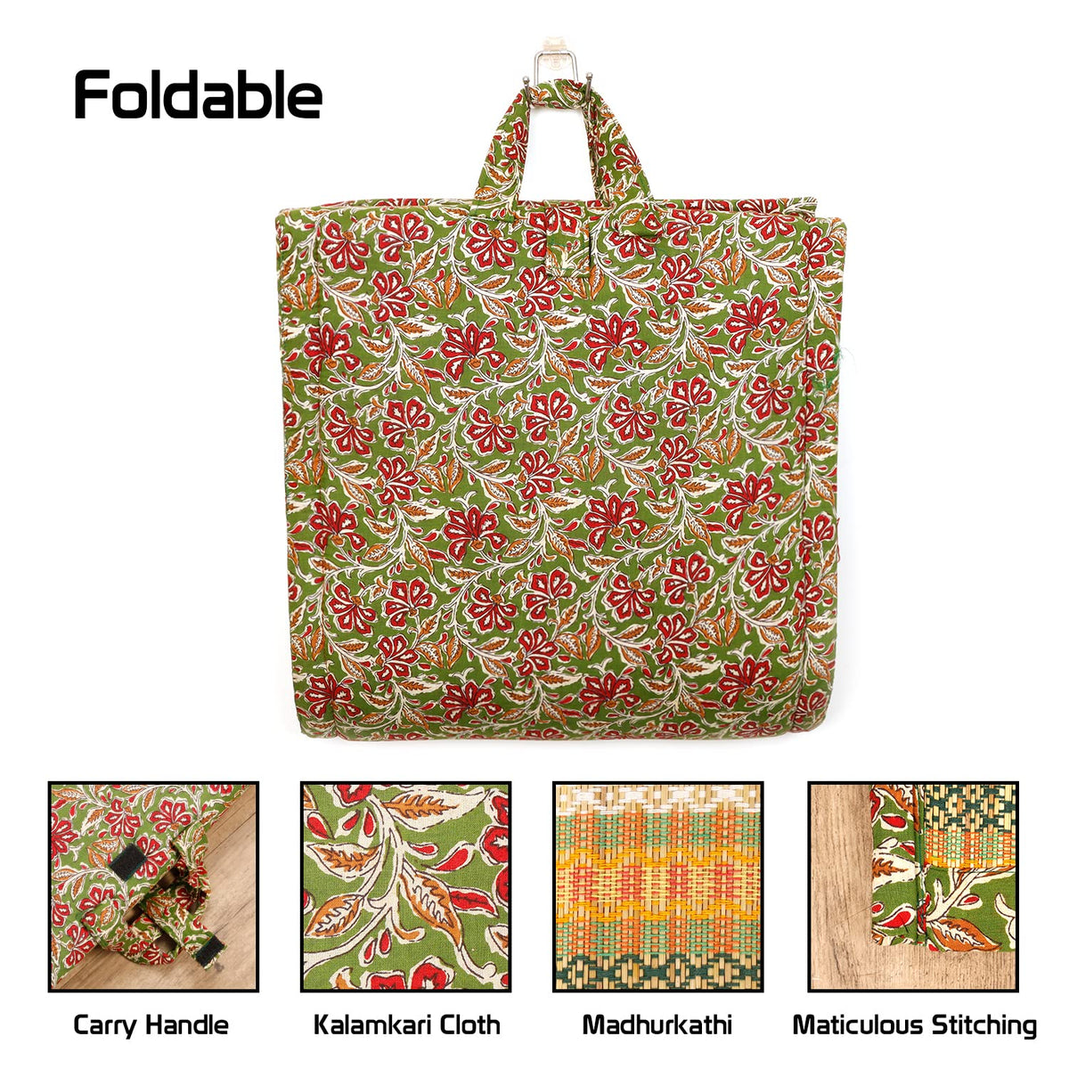 Foldable Madurkathi floor mat with green Kalamkari design, 6x3 feet, eco-friendly