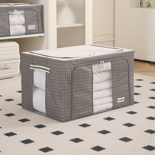 Wardrobe Organizer Storage Box | Foldable Cloth Storage Boxes with Metal Frame & Window | 600D Oxford Fabric, Charcoal Grey