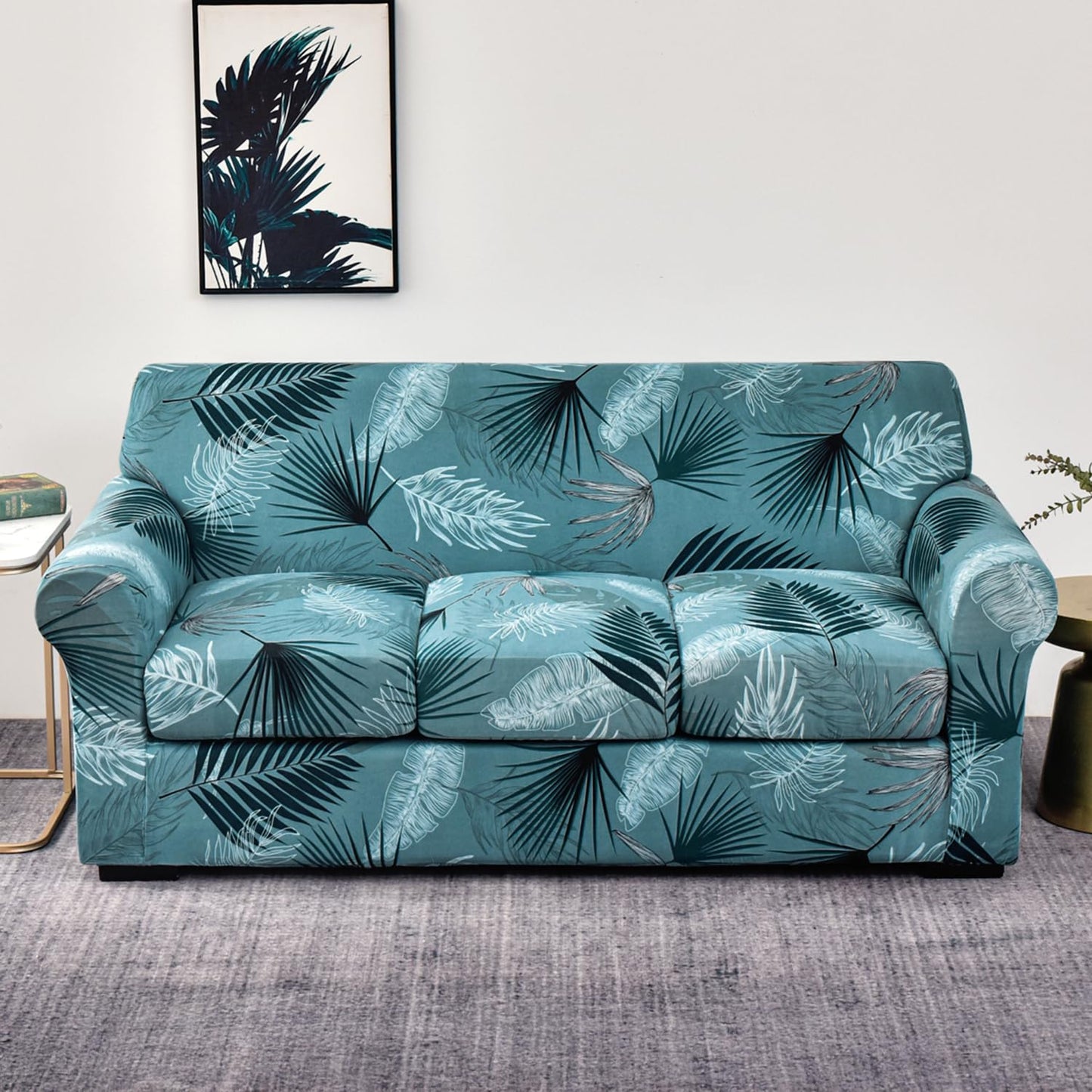 Printed Stretchable Sofa Slipcover with 1/2/3 Pc Separate Seat Cushion Cover for each 1/2/3 Seater, Aqua Palm Whisper