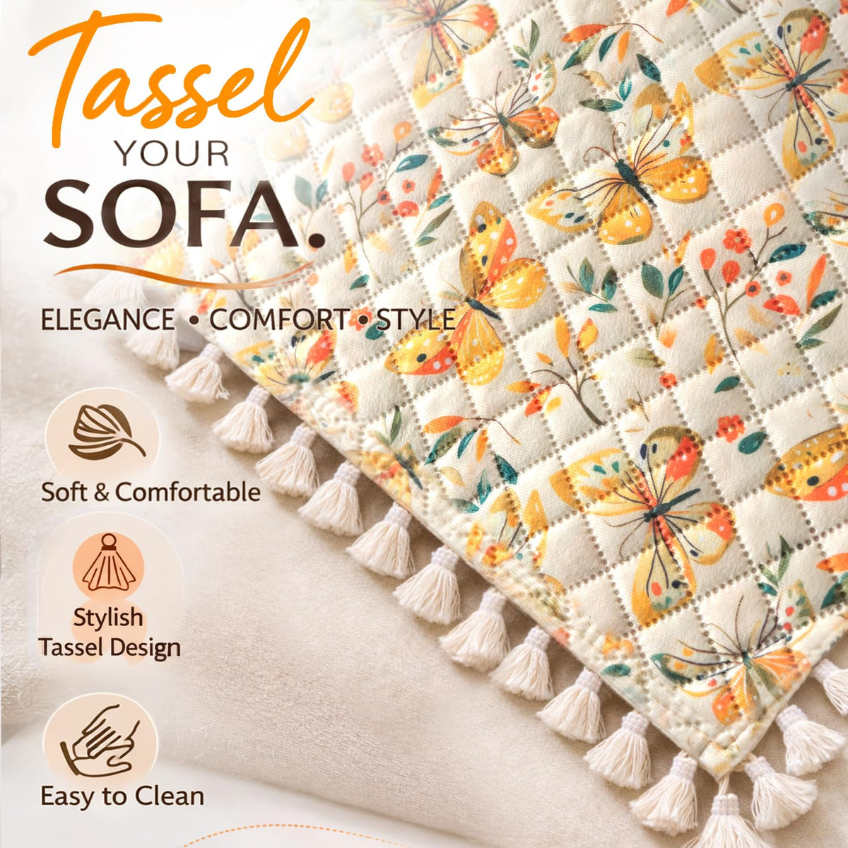 Quilted Sofa Cover 5-Seater Sofa Cover (3+1+1), Tassel Twigs | Sunlit Butterfly