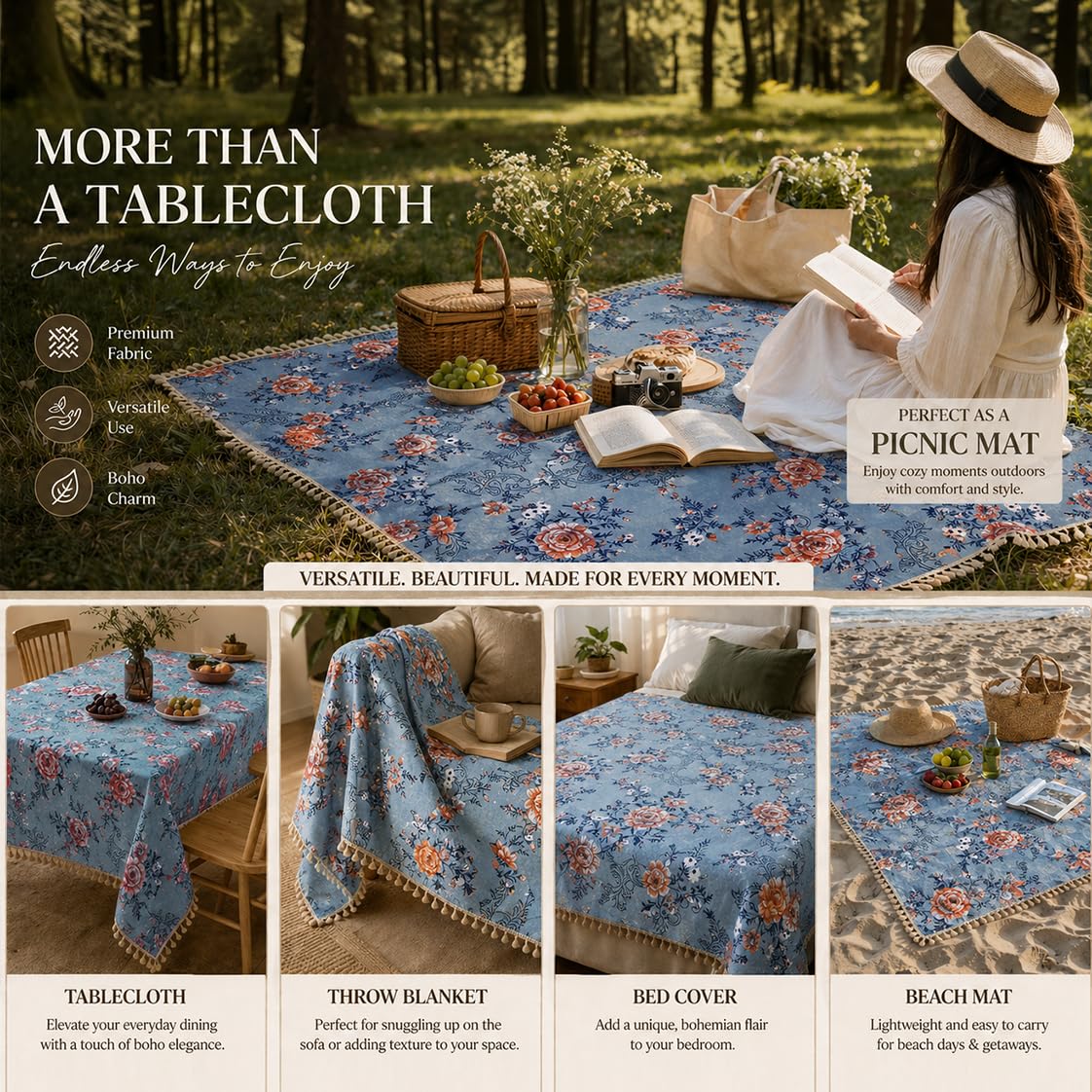 HOKIPO ShieldQuilt Table Cloth with Tassel Edge for 4/6 Seater, Blue - image 6