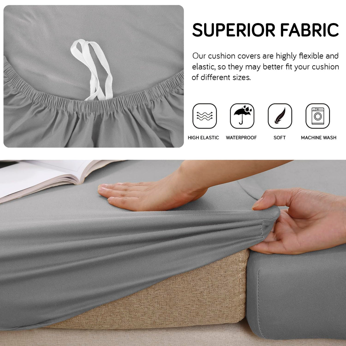 100% Waterproof Stretchable Seat Couch Cushion Cover for 1/2/3 Seater, Light Grey