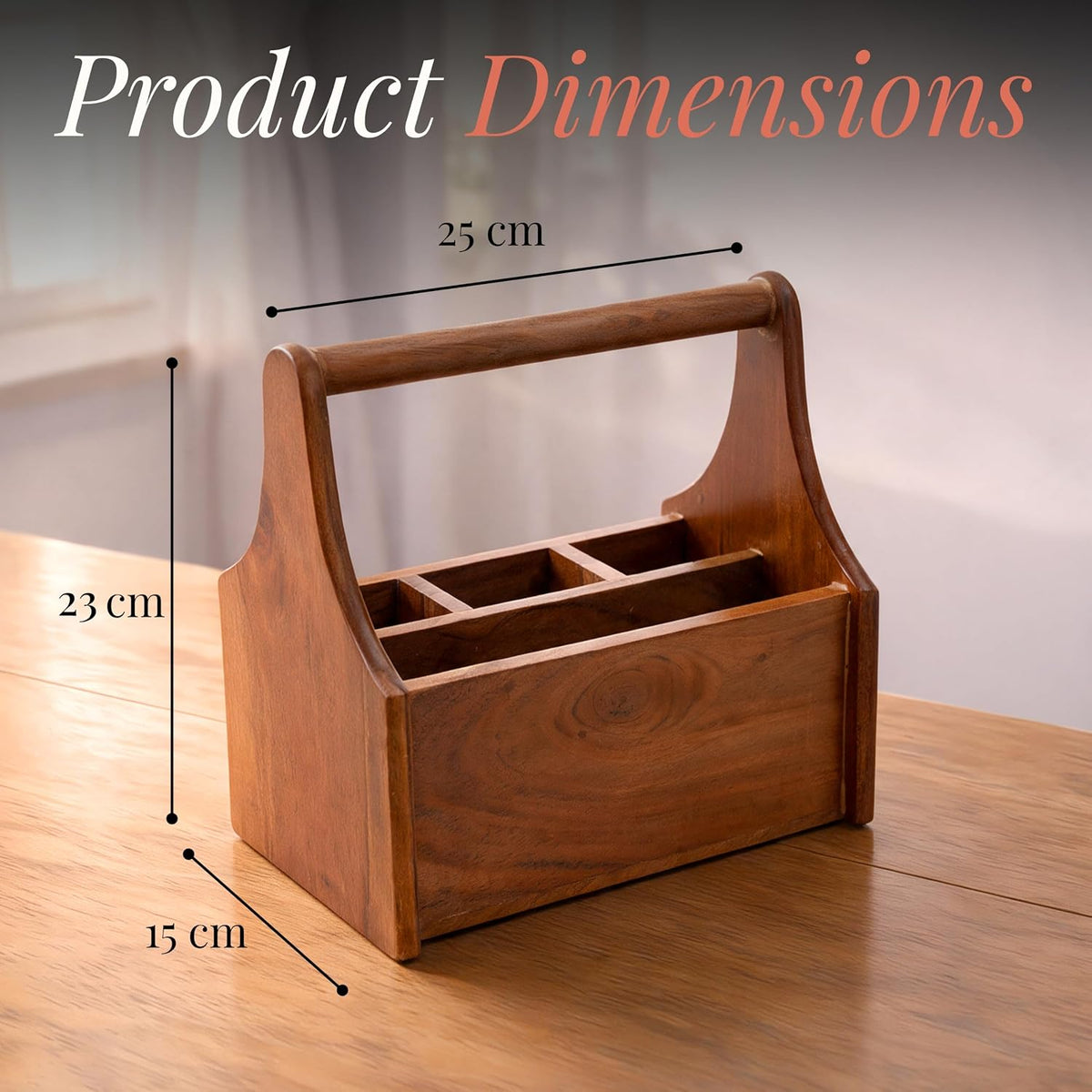 HOKIPO Arbor Acacia Wood Cutlery Caddy with Handle, 4 Compartment Organiser - image 5
