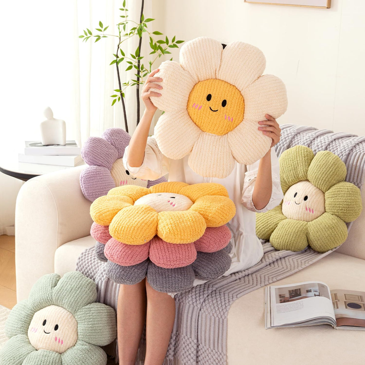 HOKIPO Smiley Flower Plush Throw Pillow for Sofa Couch Bed | Soft Decorative Floral Cushion with Cute Face for Kids Room, Bedroom & Living Room - 46 cm, Pistachio Green (AR-6729-LGRN)