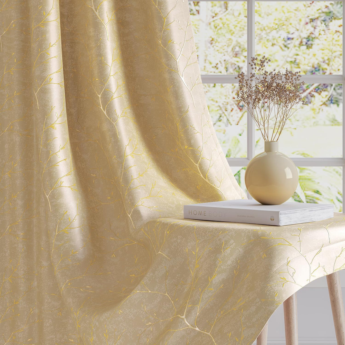 HOKIPO Shimmer Foil Printed Curtains, 7 Feet Long - Gold