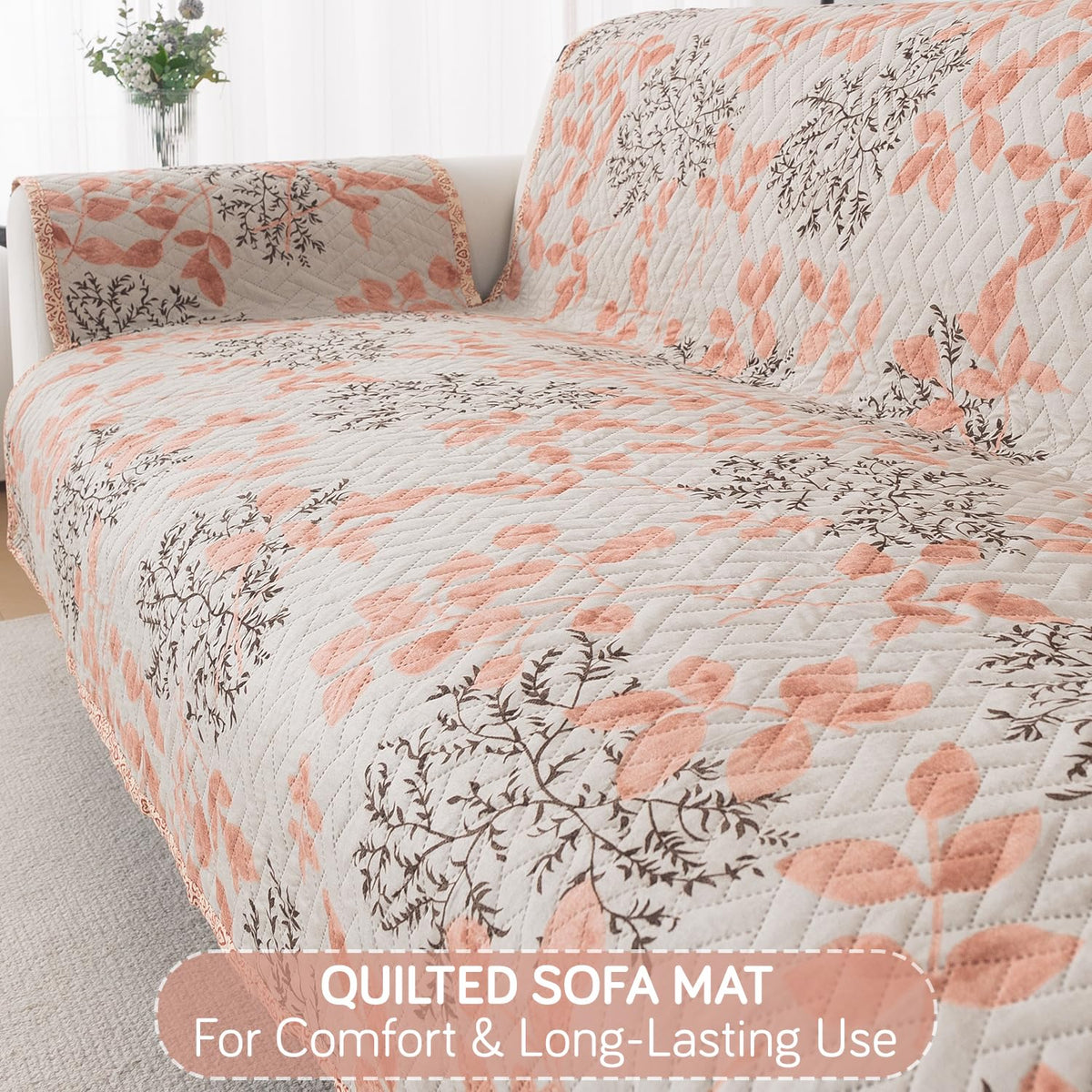 Easy Drape Reversible Quilted 5-Seater Sofa Cover (3+1+1), Peach Leaves