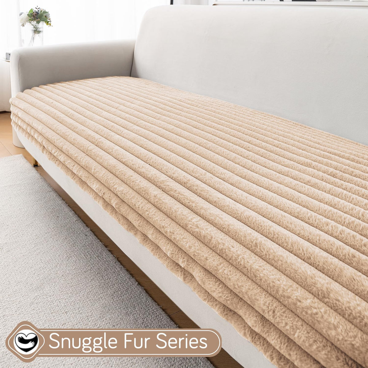 Faux Rabbit Fur Sofa Cover Combination Set, 'Snuggle Fur Series' Sand Brown