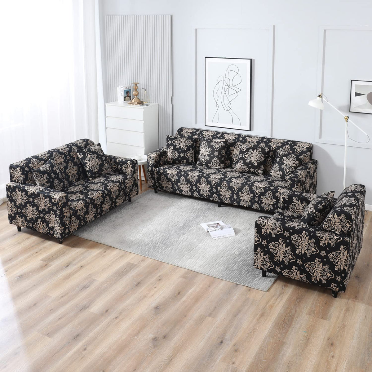 Black Damask Printed elastic sofa & cushion cover sets for 1,2,3,4,5 & 7 seater sofas