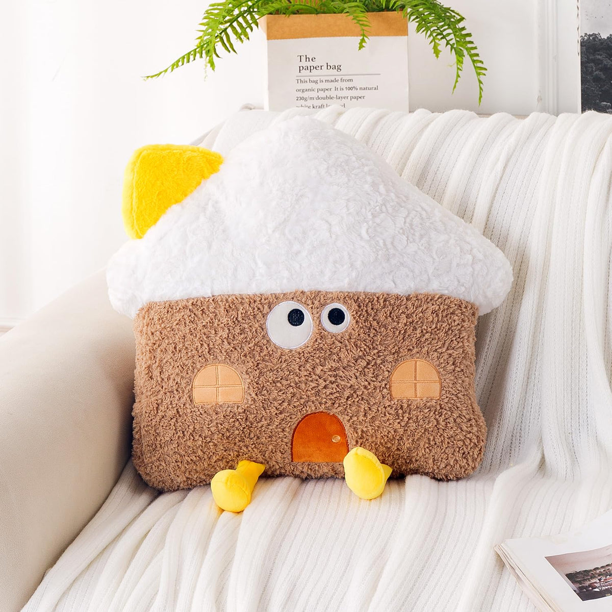 HOKIPO Mushroom House Shaped Cushion for Kids Room & Nursery, 46 cm, Brown