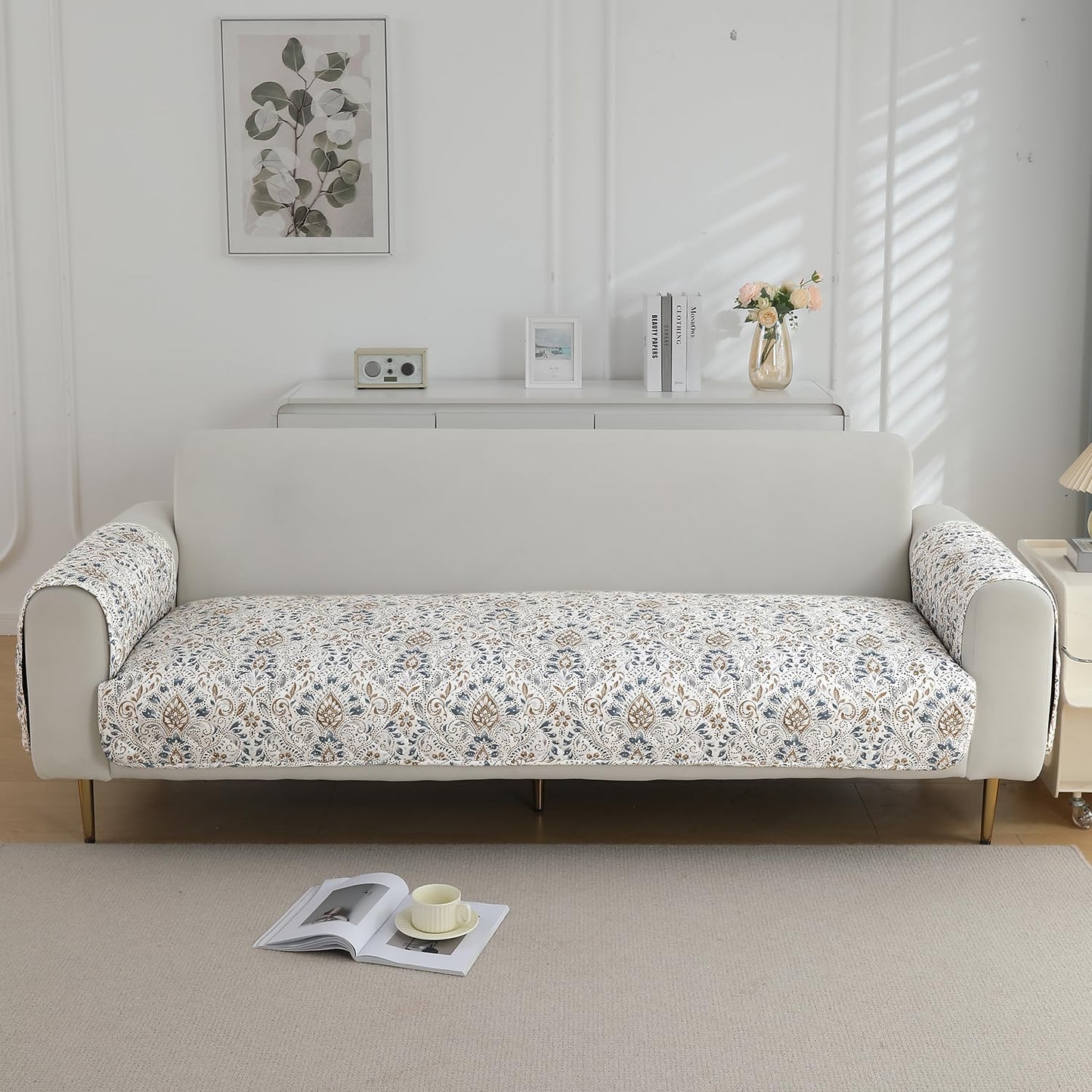 HOKIPO Quilted Waterproof Sofa Seat Mat with 2 Armrest Covers with Pockets, Damask White