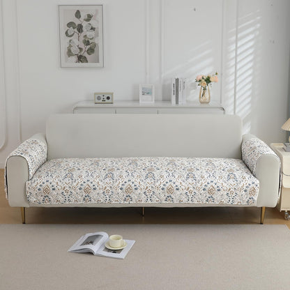 HOKIPO Quilted Waterproof Sofa Seat Mat with 2 Armrest Covers with Pockets, Damask White