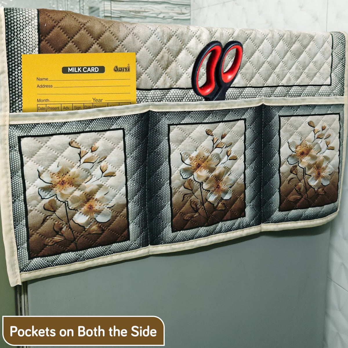 Eternal Floral Printed Quilted Fridge Top Cover with side Pockets - Ivory Luxe