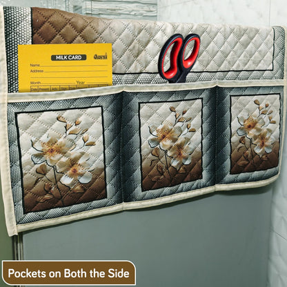 Eternal Floral Printed Quilted Fridge Top Cover with side Pockets - Ivory Luxe