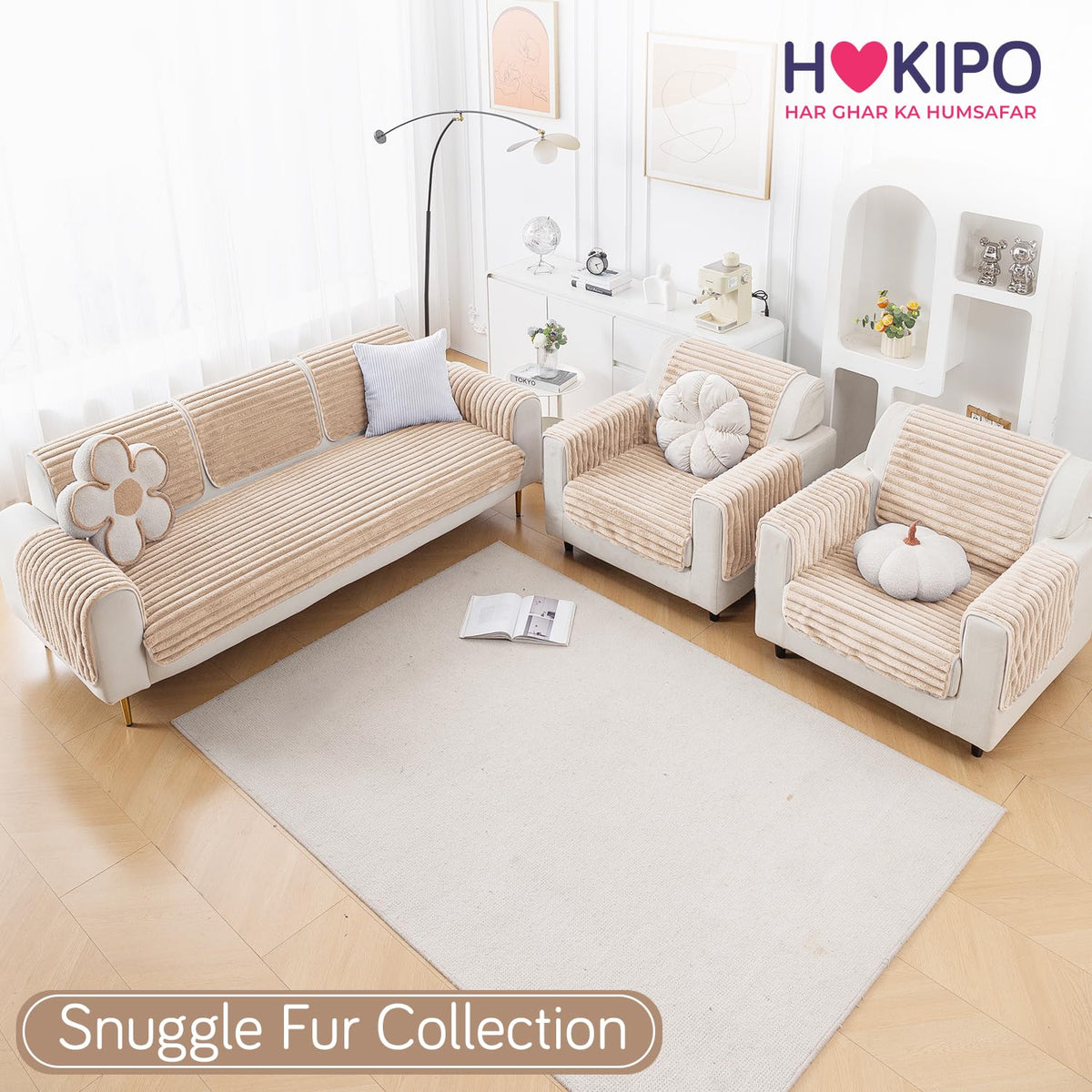 Faux Rabbit Fur Sofa Cover Combination Set, 'Snuggle Fur Series' Sand Brown