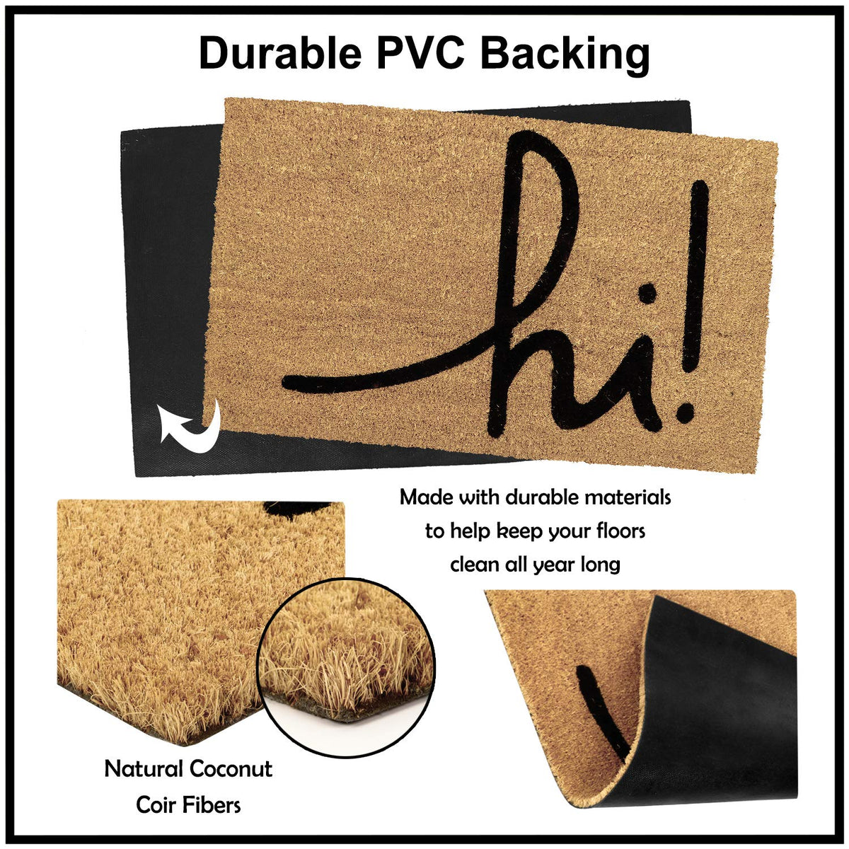 Large 45X75 Cm Natural Coconut Coir Mat For Entrance With Antislip Pvc Backing, Black (Rectangular)