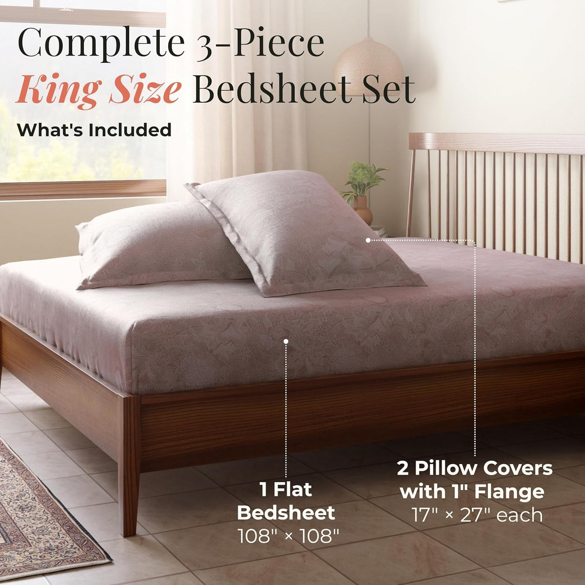 HOKIPO King Size Cotton Bedsheet, 2 Pillow Covers, Floral, Rose & Ivory - image 6