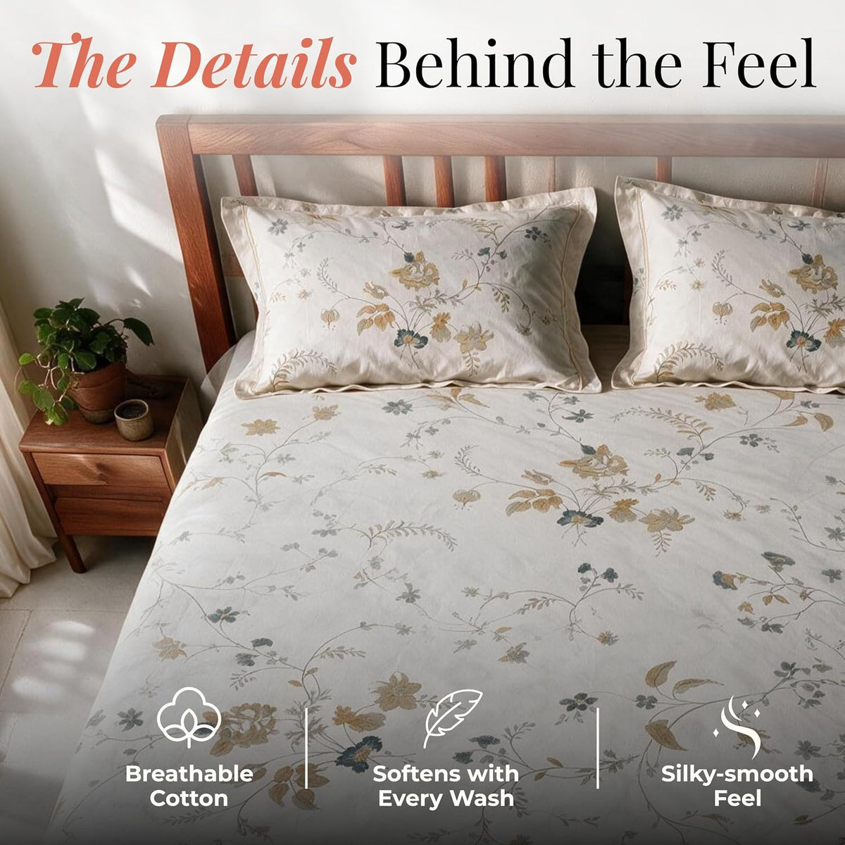 HOKIPO Floral 300TC Cotton Sateen Flat Bedsheet, King Size, Teal & Ochre - image 3