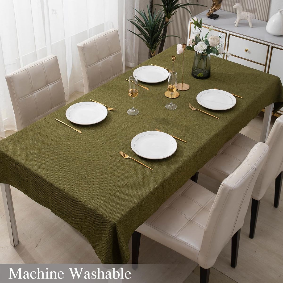 Buy Mehndi Green Colour Machine Washable Poly Jute Tablecloth | HOKIPO