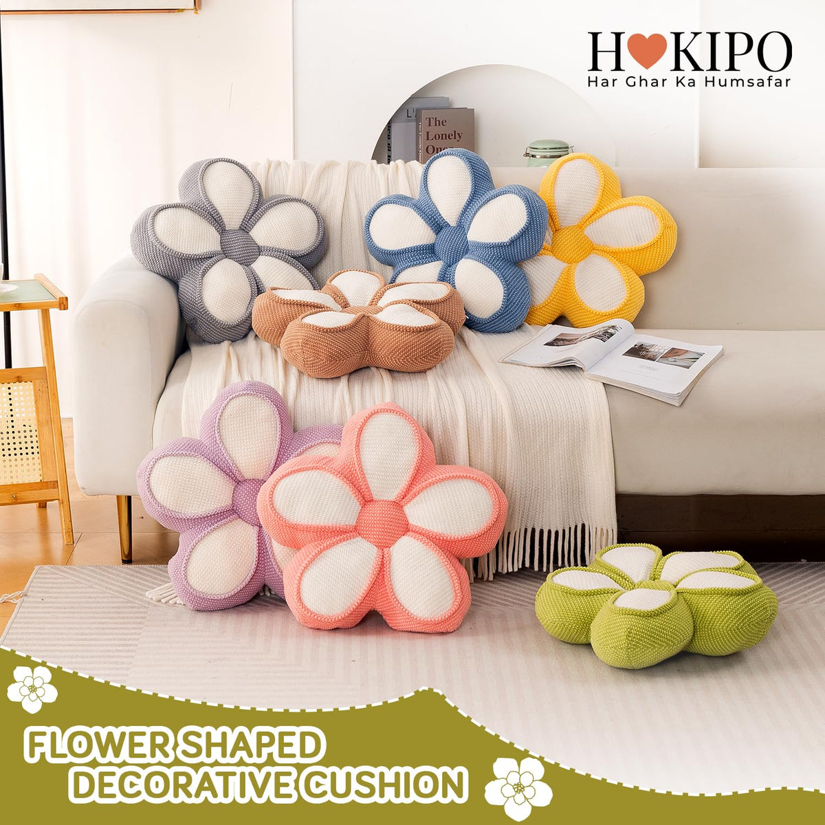 HOKIPO Daisy Petal Flower Cushion for Sofa & Bed, 47 cm, Grey