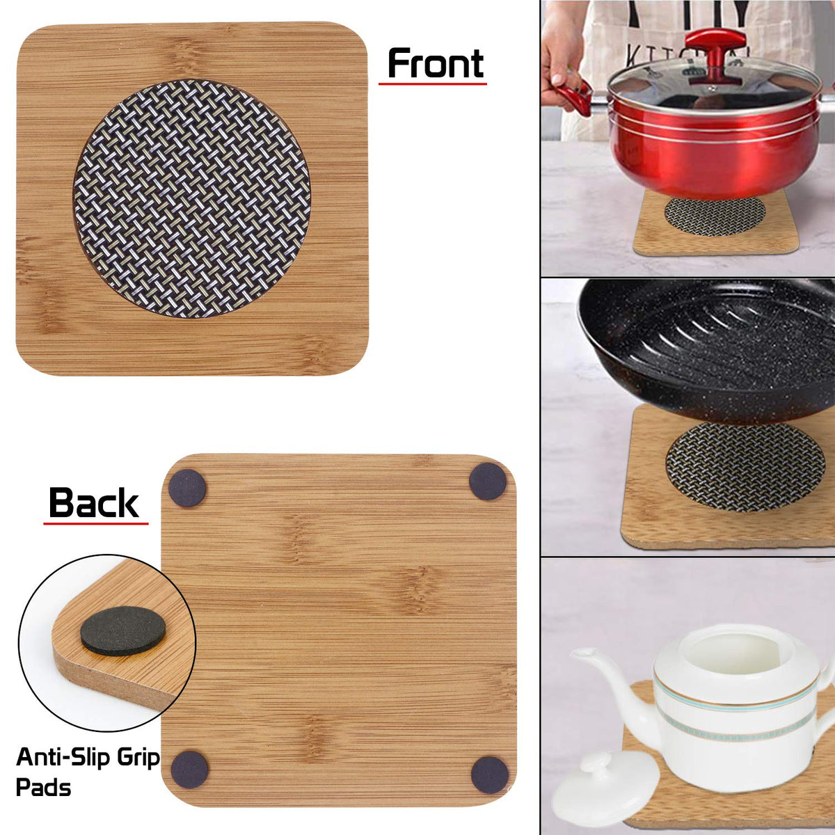 Eco-Friendly Bamboo Wooden Coasters for Dining Table Heat Pad for Kitchen - Pack of 2/4/6
