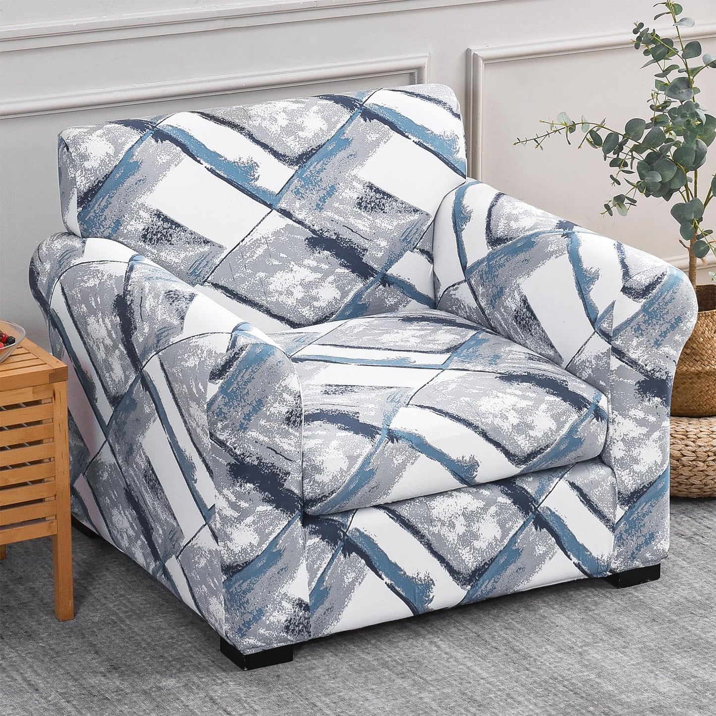 Printed Stretchable Sofa Slipcover with 1/2/3 Pc Separate Seat Cushion Cover for each 1/2/3 Seater, Graphite Glacier Grid