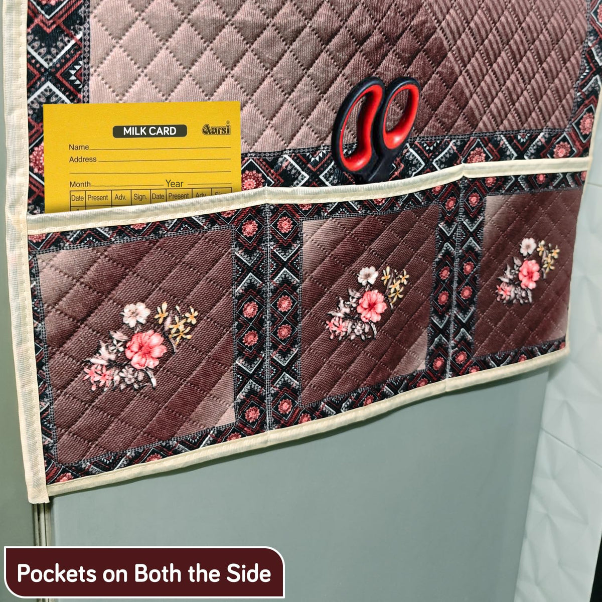 Eternal Floral Printed Quilted Fridge Top Cover with side Pockets - Maroon Blush