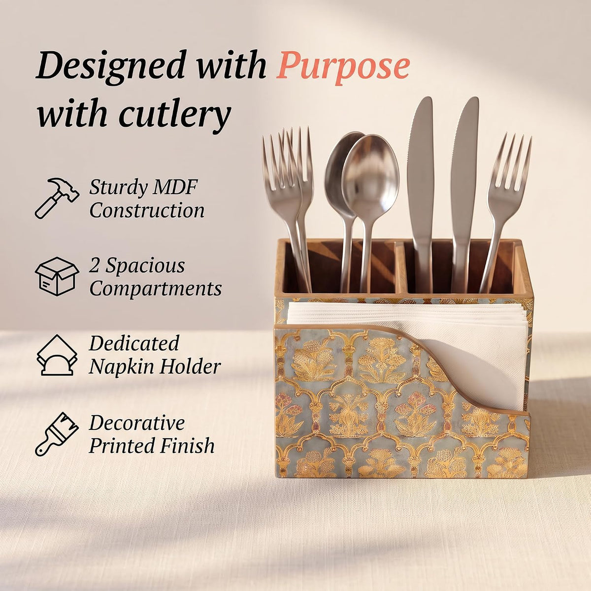 HOKIPO Cutlery Holder with Napkin Stand, Engineered Wood, Shahi Gulnaar - image 2