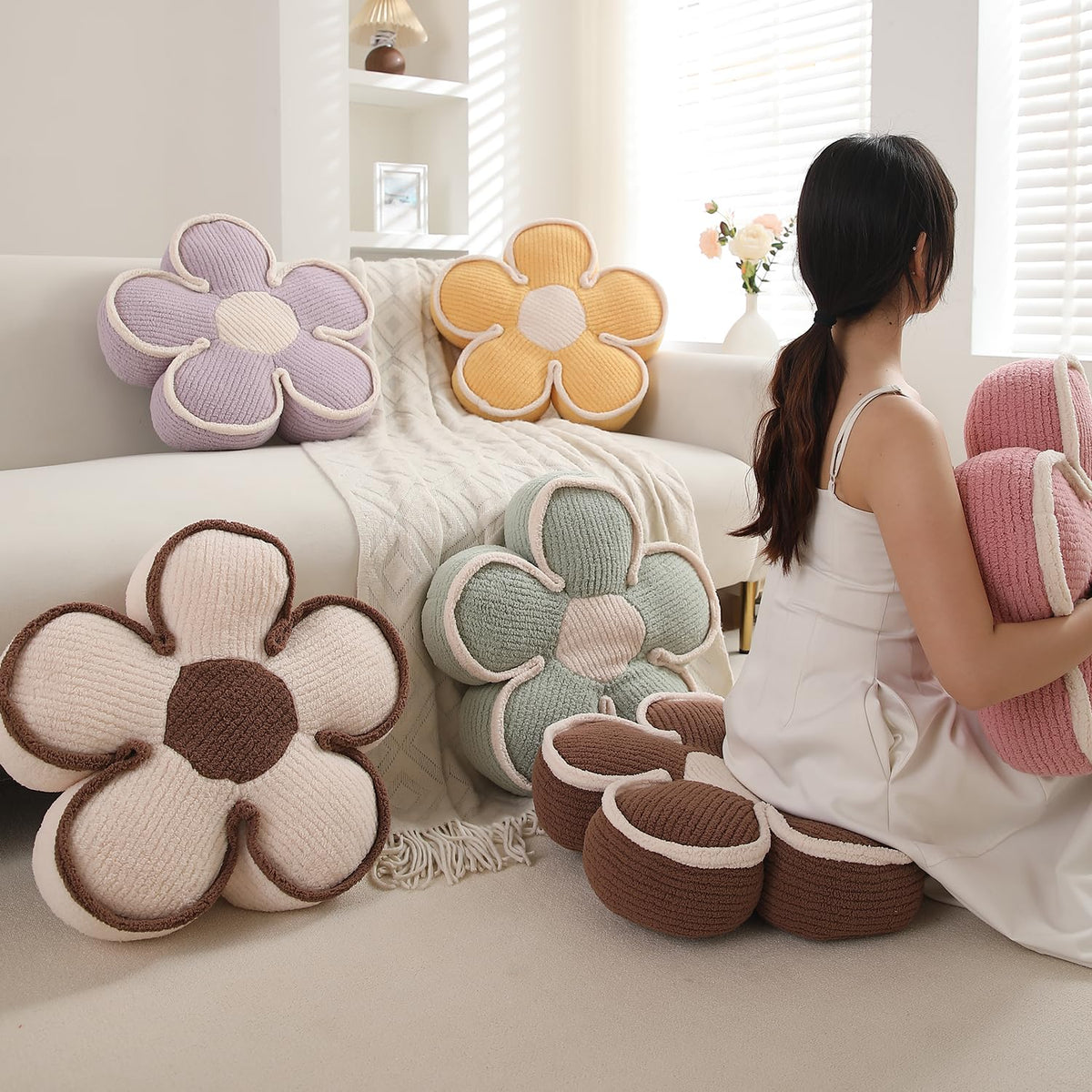 HOKIPO Plush Cotton Flower Cushion | Decorative Throw Pillow for Bed & Sofa - Soft Beige