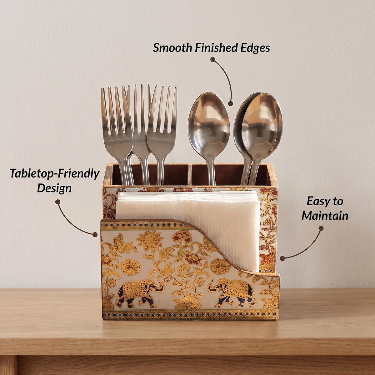 HOKIPO Cutlery Holder with Napkin Stand, Engineered Wood, Royal Gulistaan - image 3