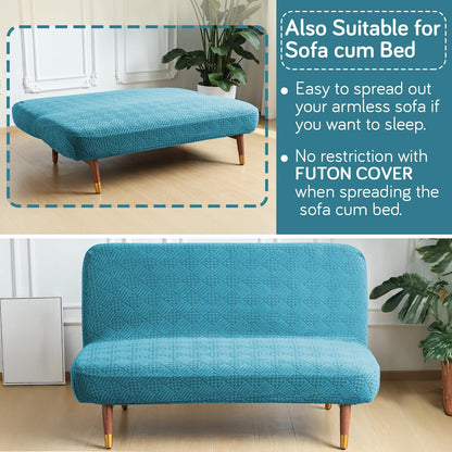 Luxurious Stretchable Spandex Jacquard Sofa-Cum-Bed Cover for Futon – Turquoise