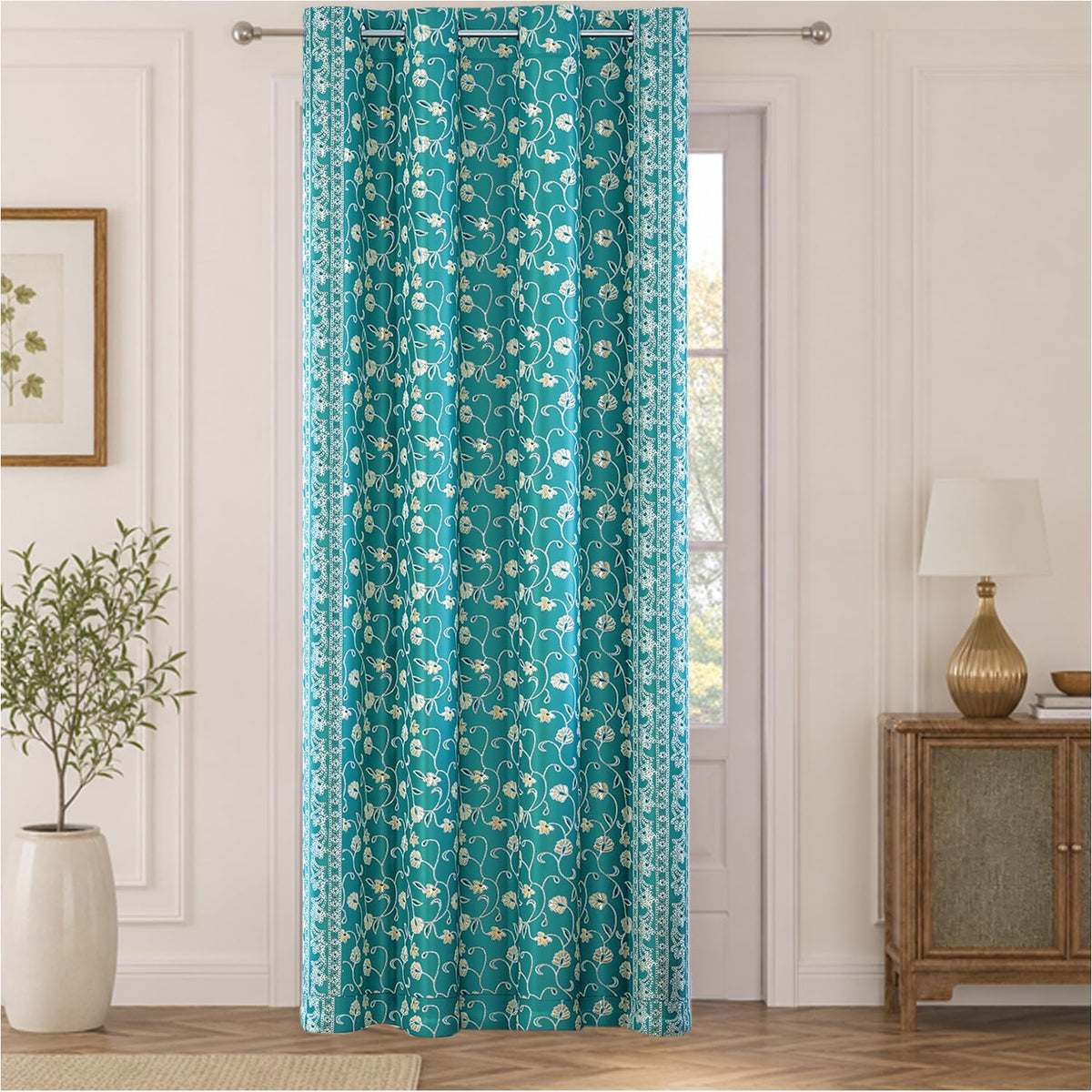 HOKIPO Shahi Bagh Eyelet Curtains, 7 Feet Long - Teal - image 2