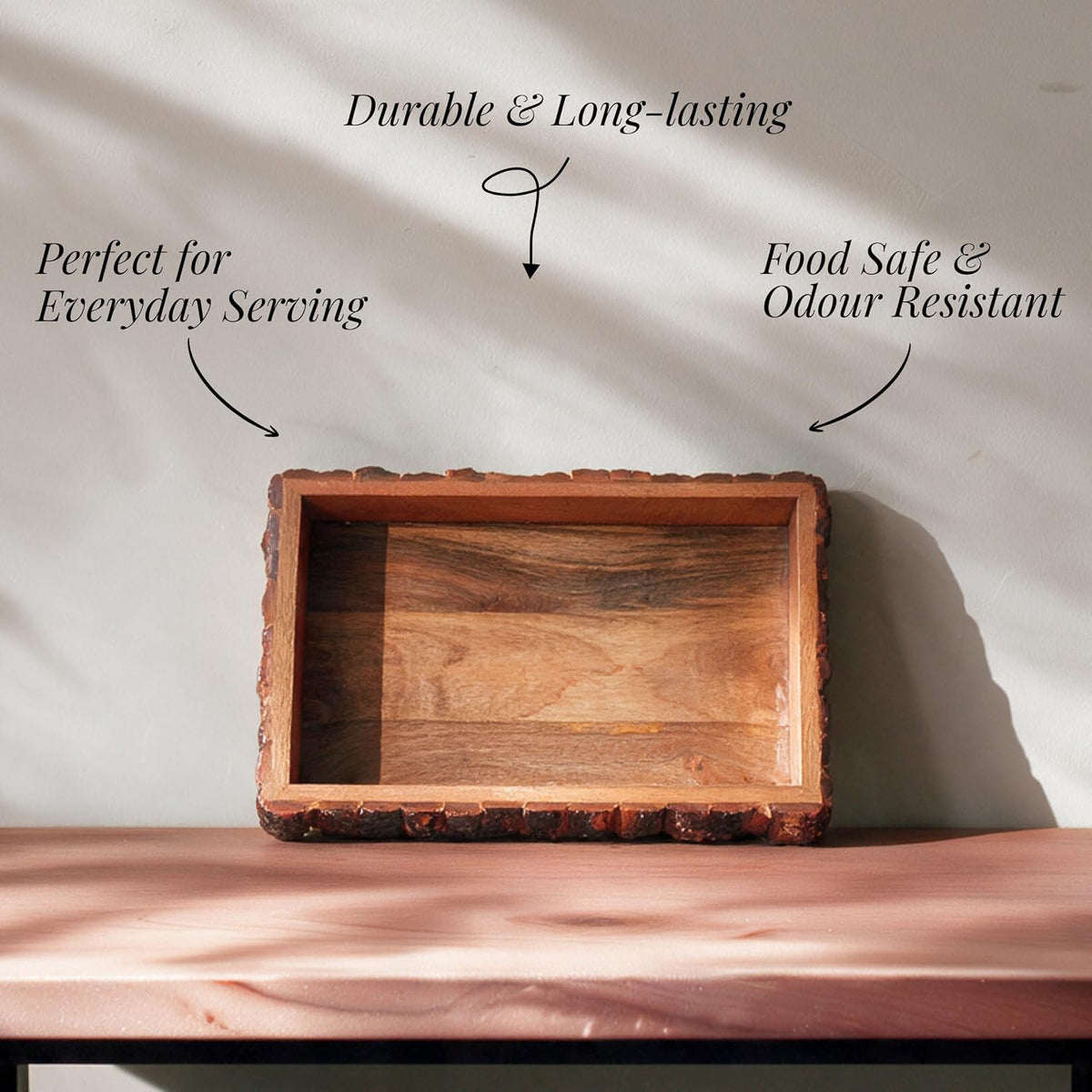 HOKIPO Arbor Mango Wood Serving Tray with Bark Edge, Rectangle 37.5 x 25 cm - image 5