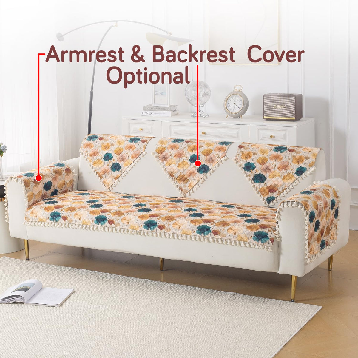 Quilted Sofa Seat Mat for 5-Seater Sofa (3+1+1), Tassel Twigs | Boho Wildflower