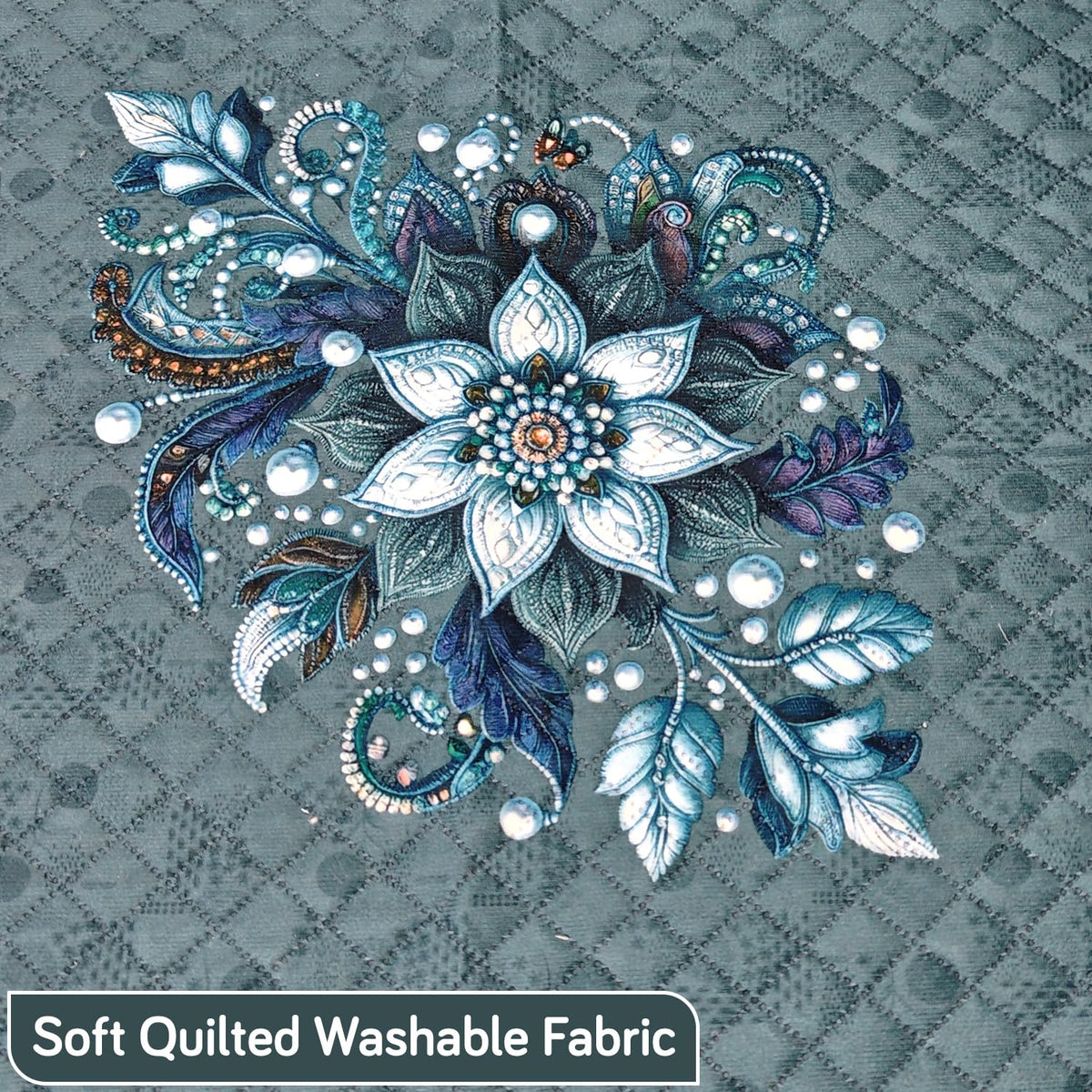 Eternal Floral Printed Quilted Fridge Top Cover with side Pockets - Icy Floral