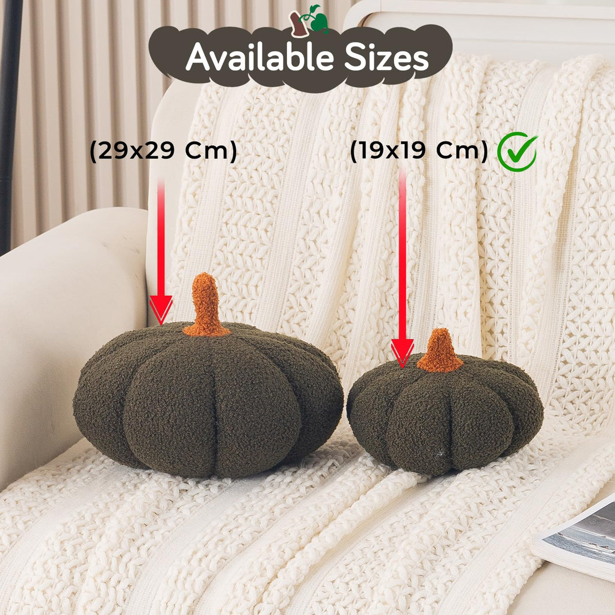 HOKIPO Pumpkin Shaped Plush Cushion for Autumn Decor, 19 cm, Olive Green