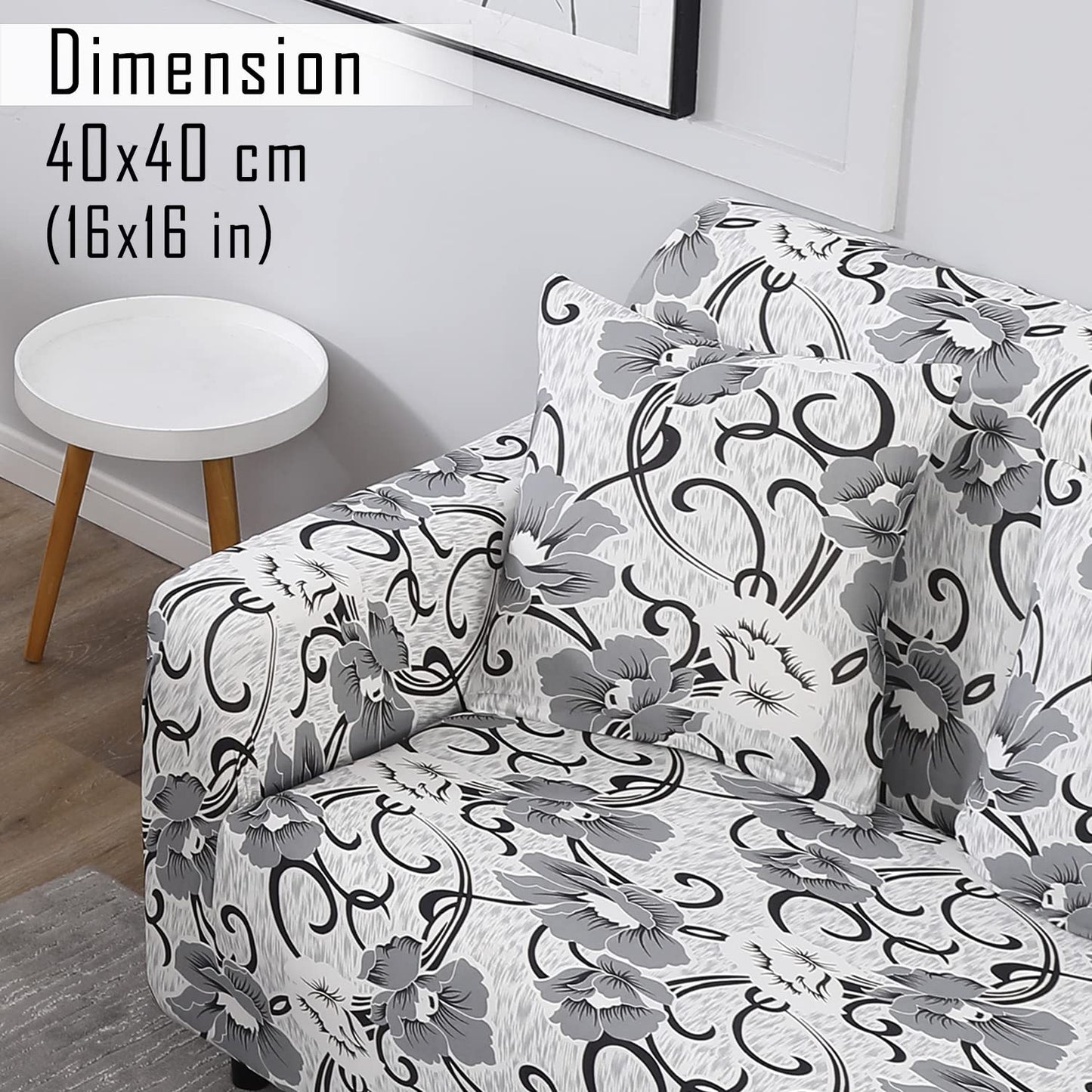Stretchable Pack of 2 Cushion Cover 16x16 inch,White Grey Flowers